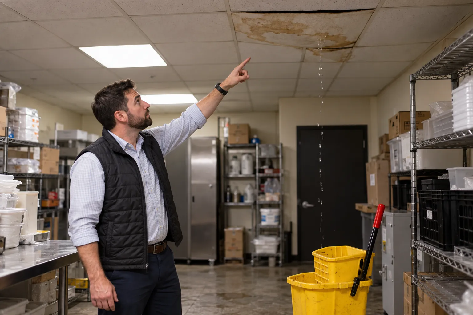 Manager pointing at a ceiling stain and drip