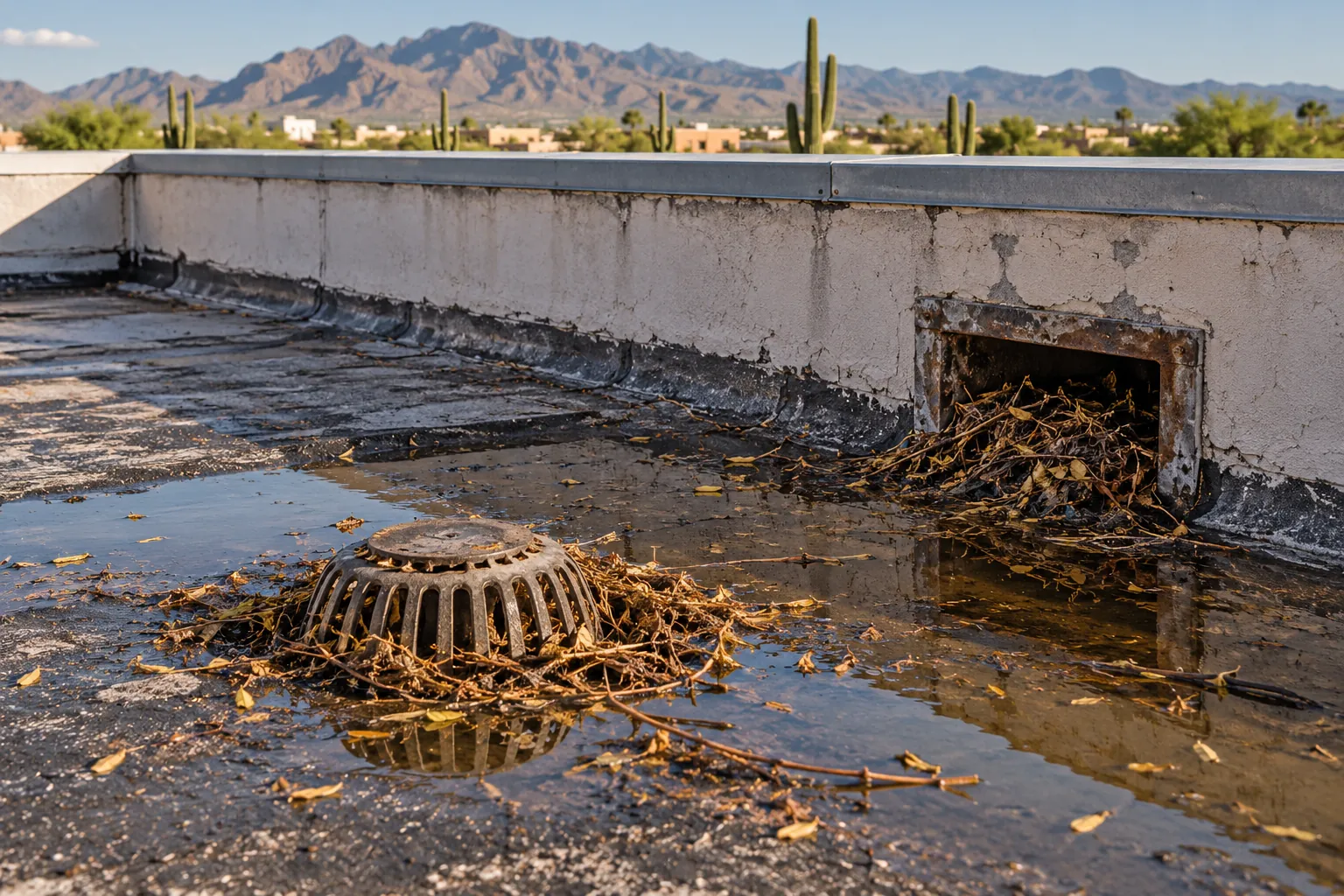 Clogged roof drain and scupper holding water on a flat roof