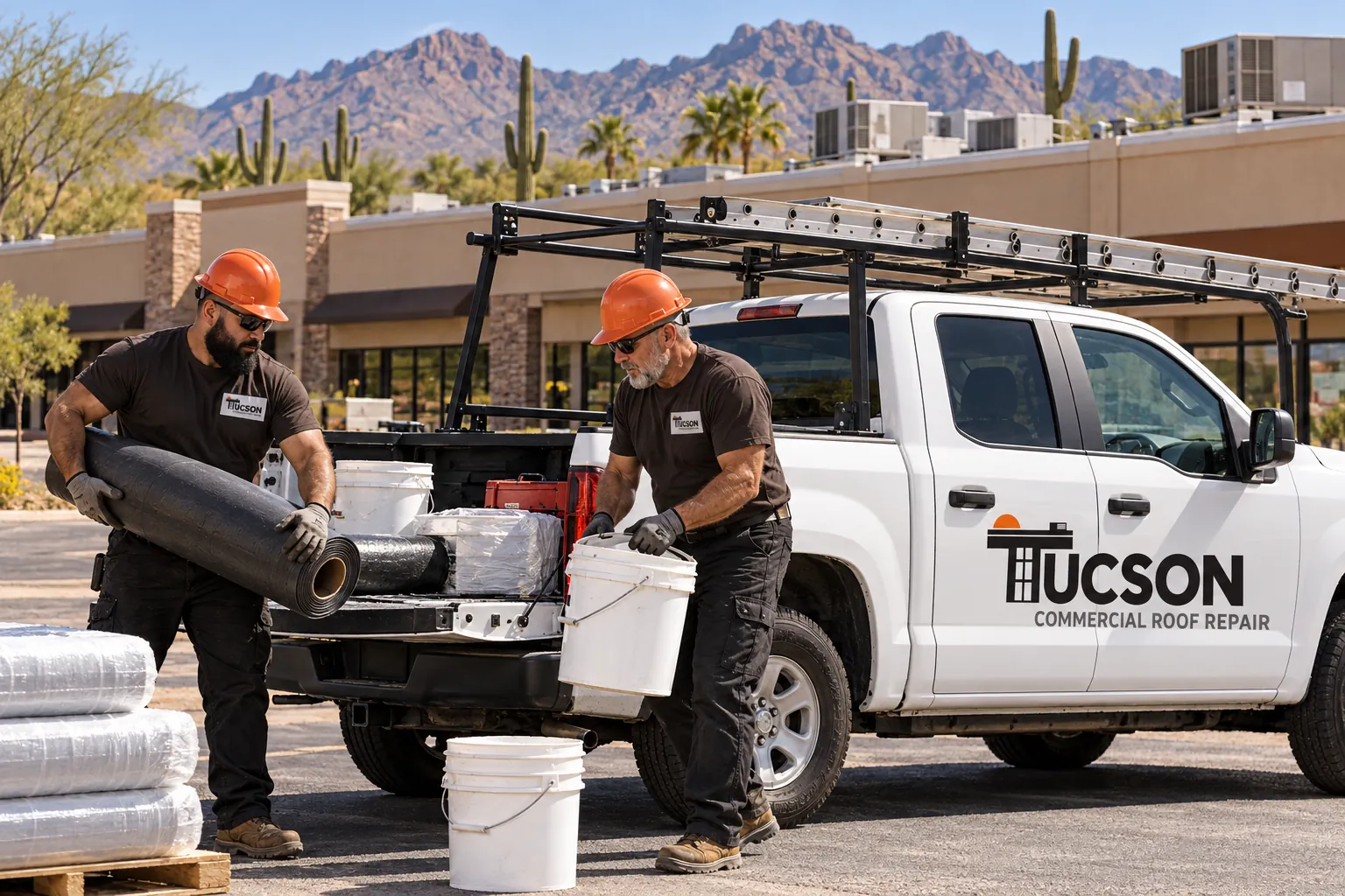 Roofers loading roll goods from a work truck