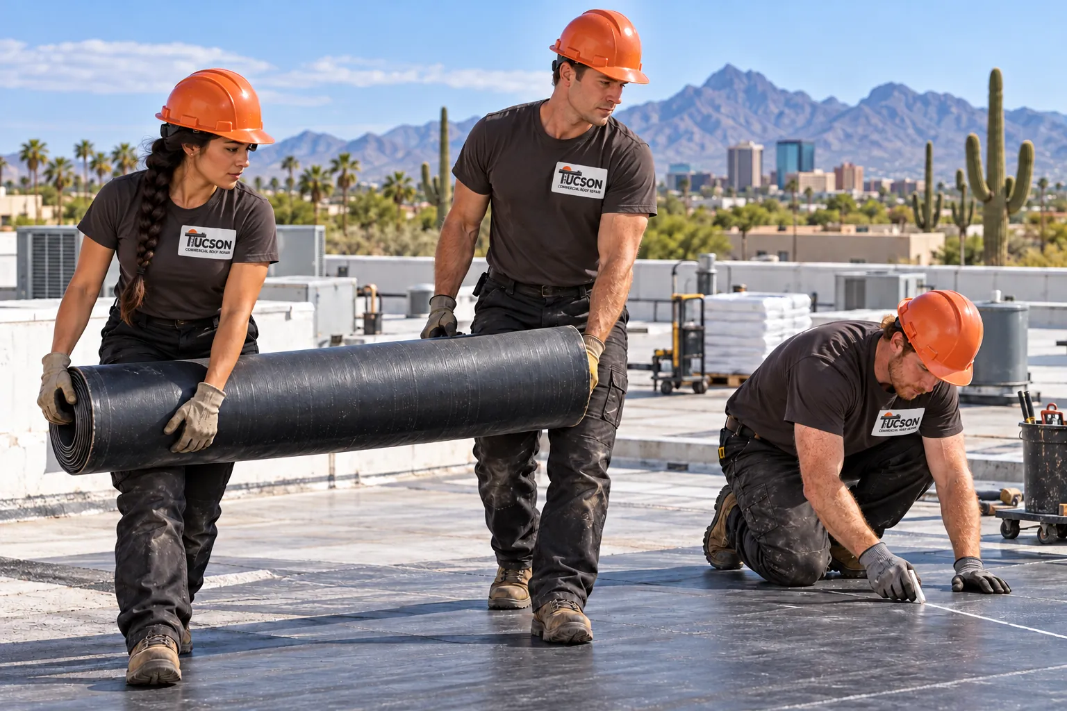 Roofers rolling out membrane on a flat commercial roof in Tucson