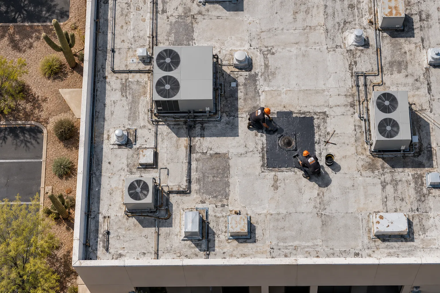 Flat commercial roof with rooftop units seen from above