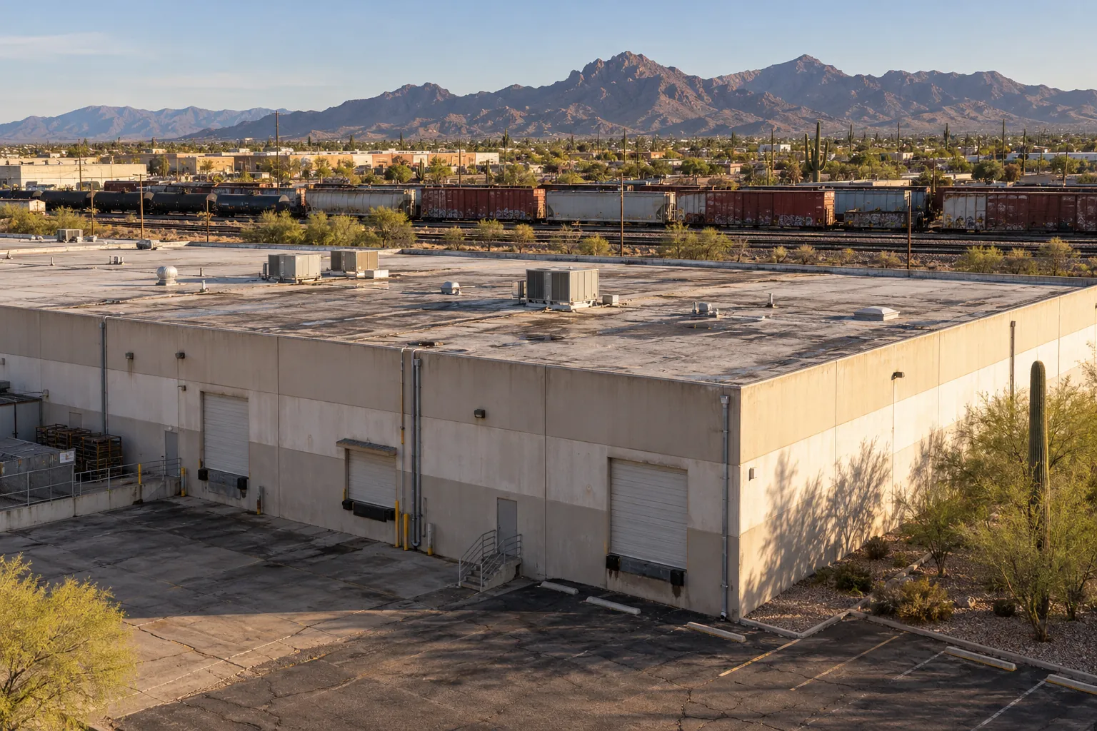 Flat-roof warehouse building on an open lot