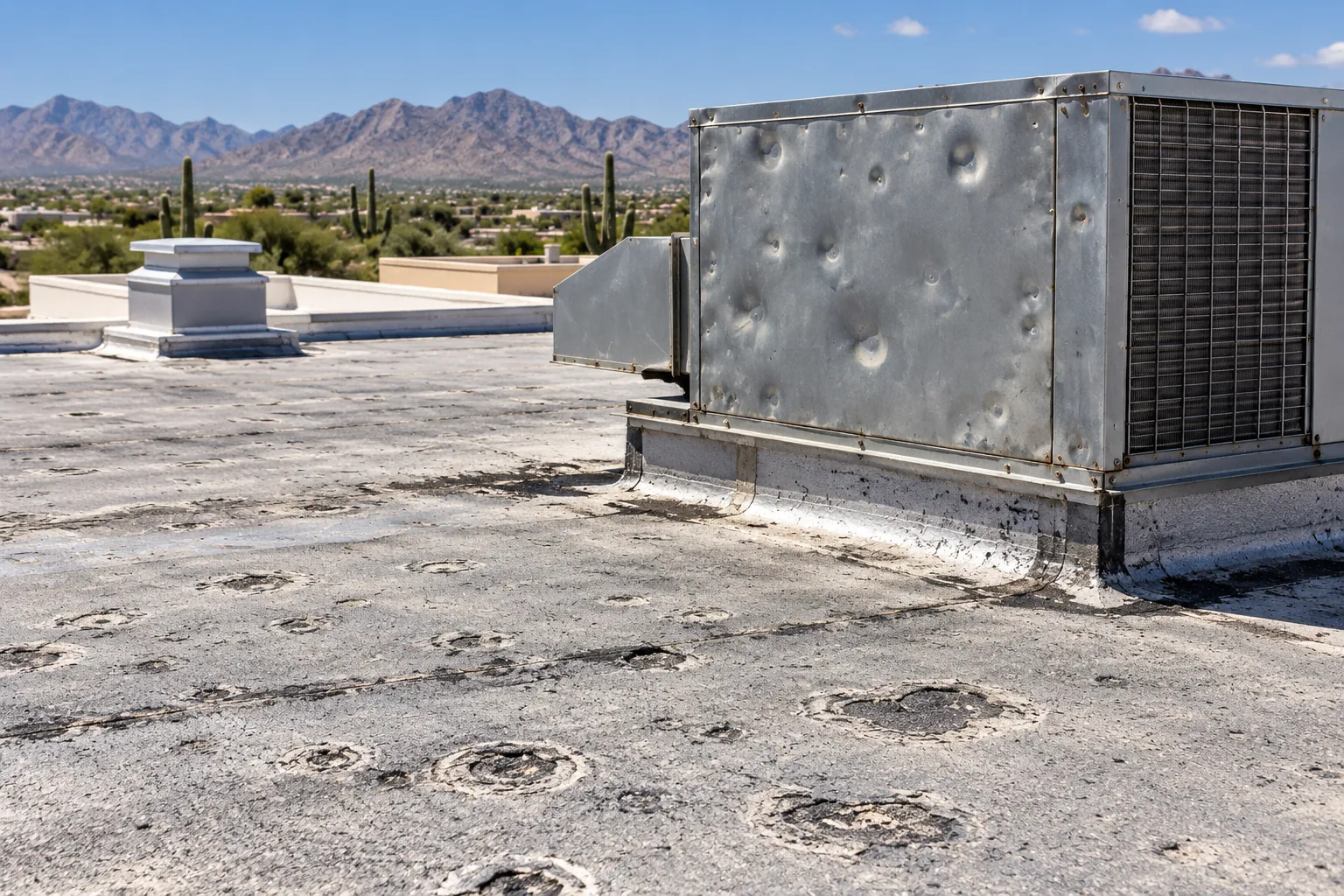 Hail-dented rooftop unit beside a pocked commercial roof surface