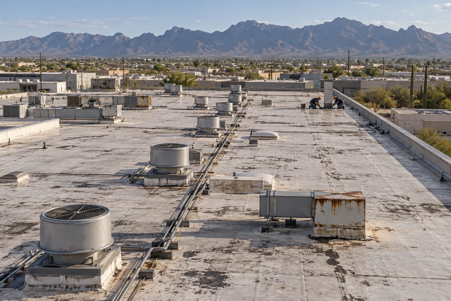 Industrial plant roof with exhaust fans and pipe runs