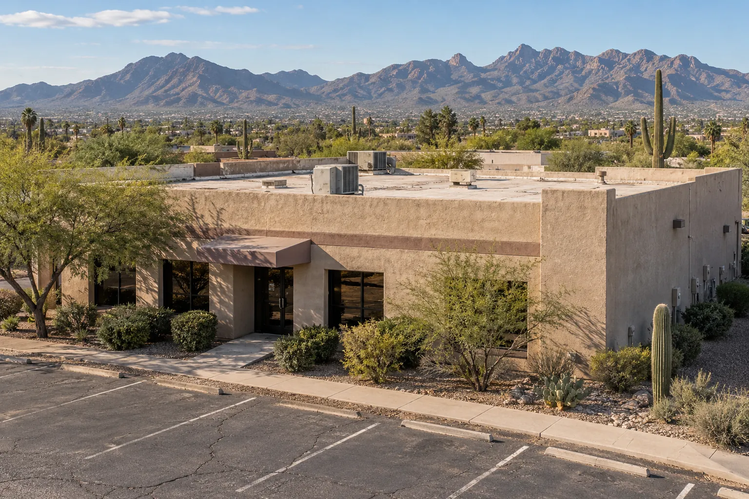 One-story commercial building with a flat roof and desert landscaping