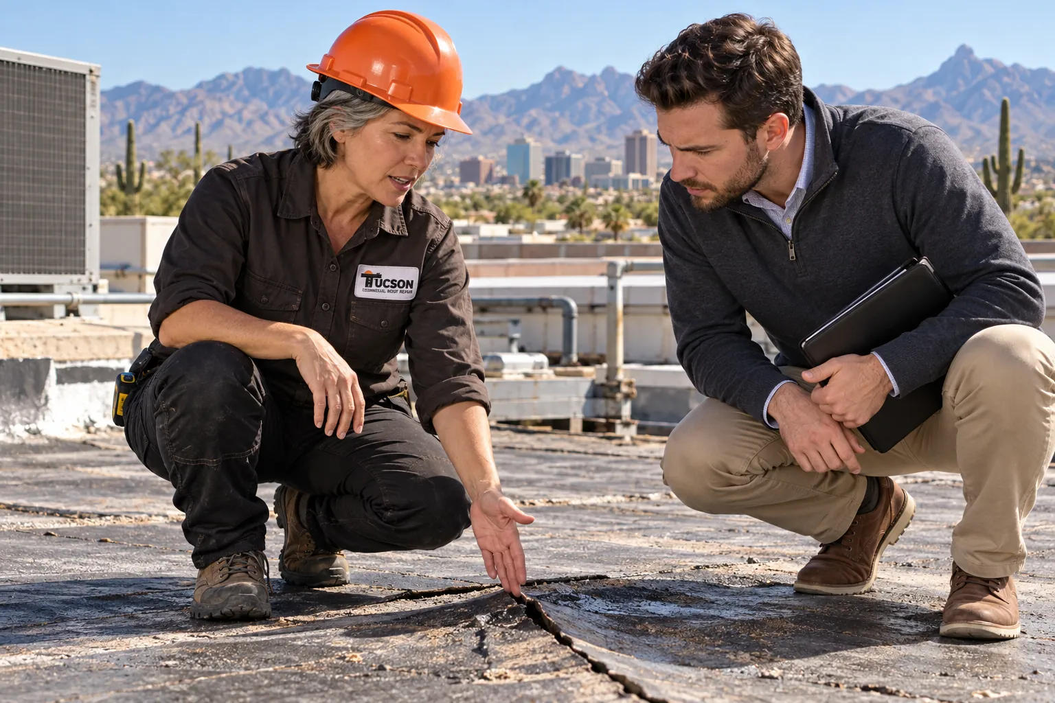 Roofer and building manager kneeling at a split seam on a Tucson built-up roof