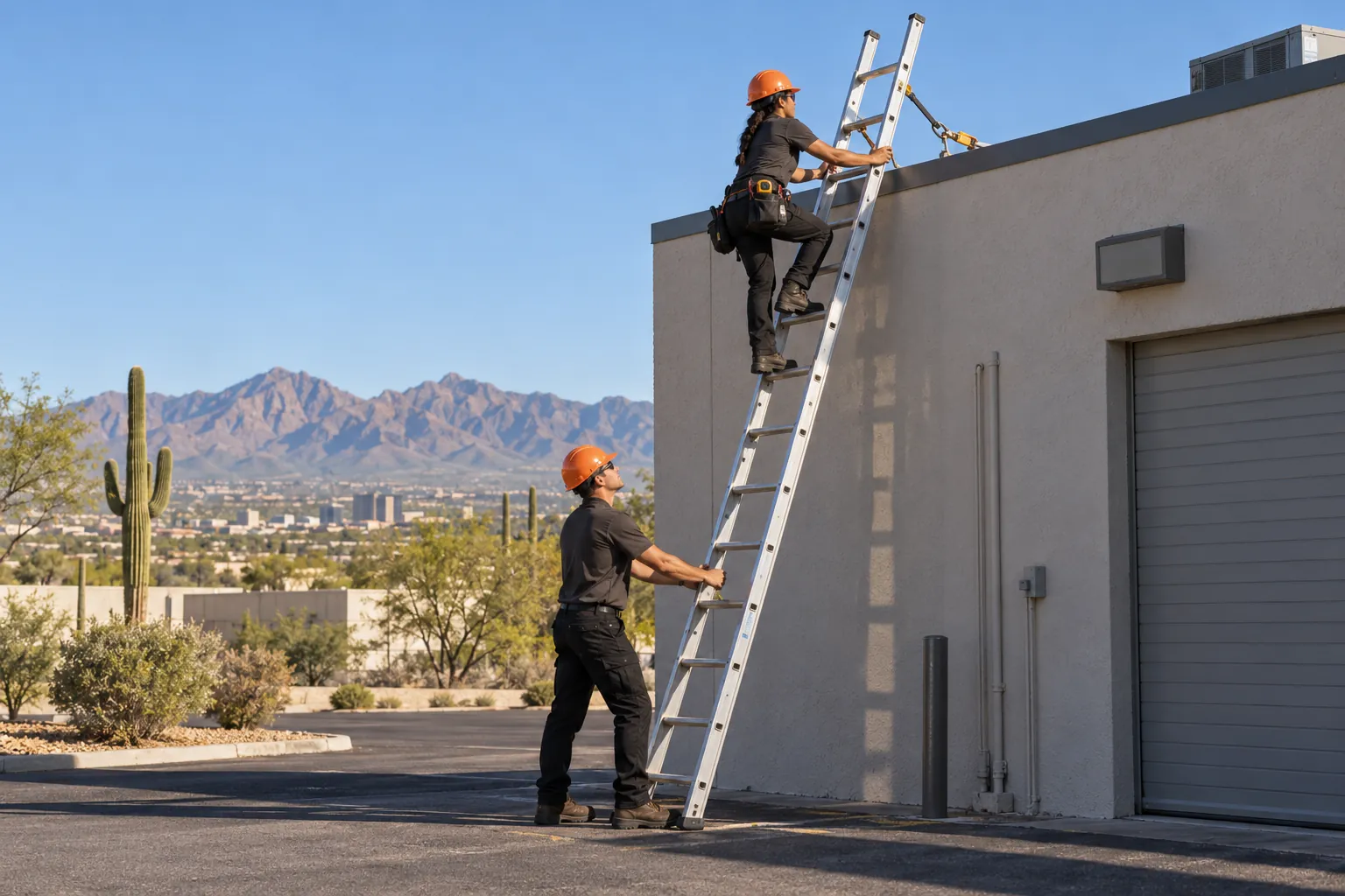 Roofer climbing a ladder to reach a commercial roof