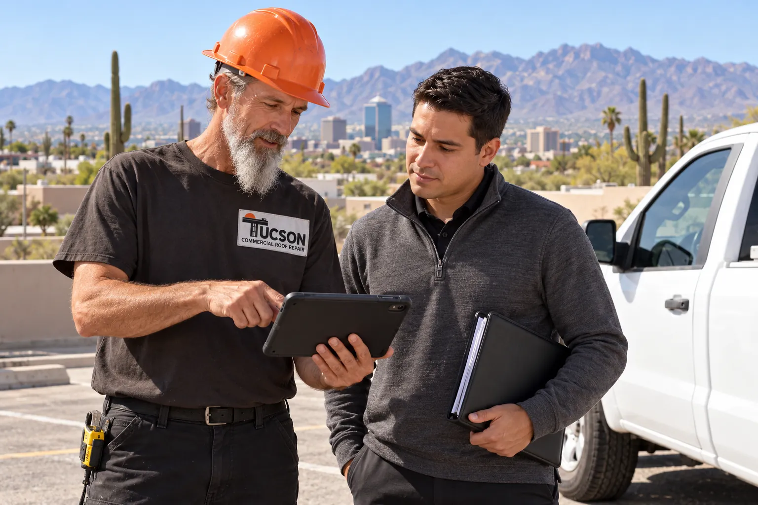 Roofer reviewing roof photos on a tablet with a property owner