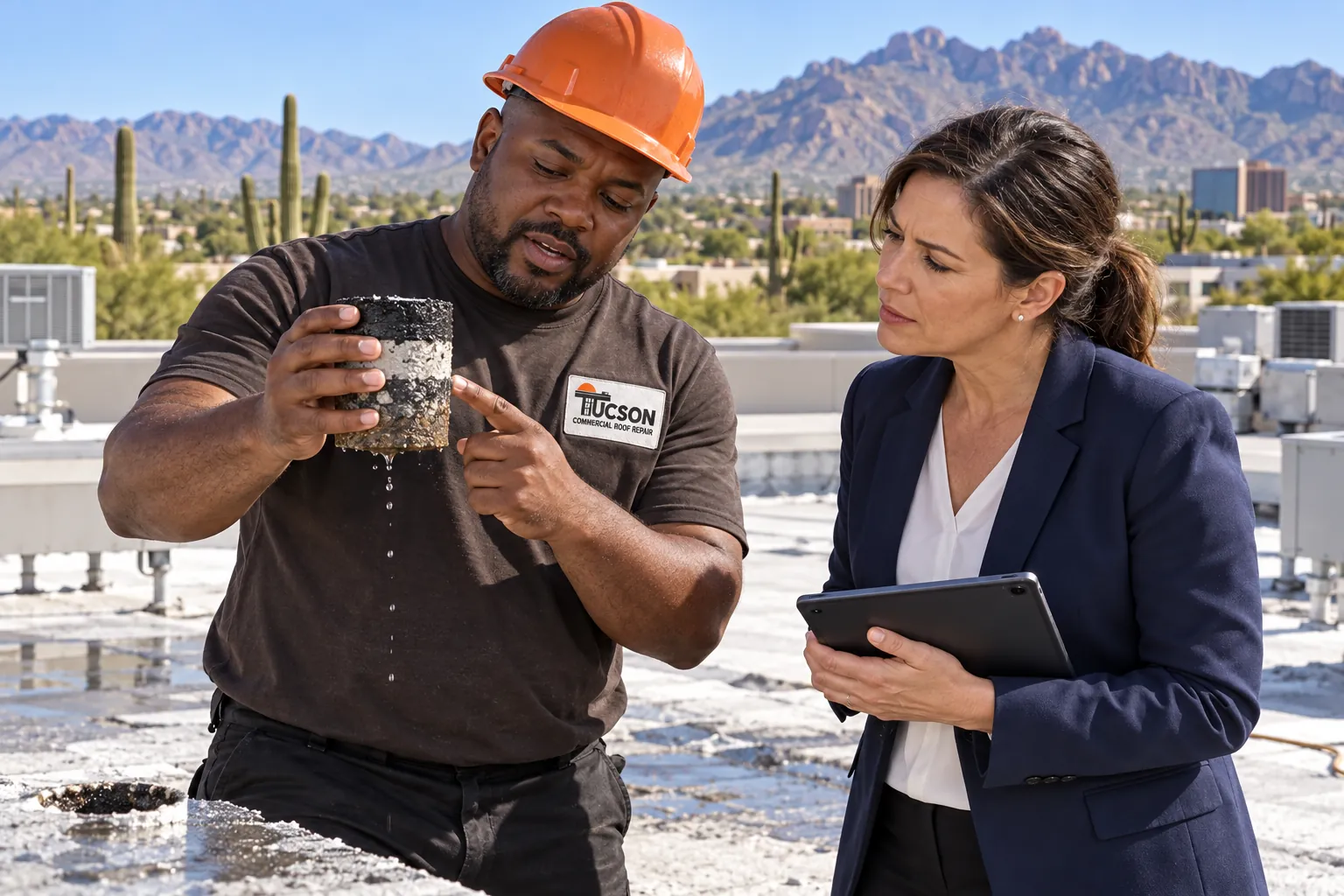 Roofer showing a roof core sample to a building manager in Tucson