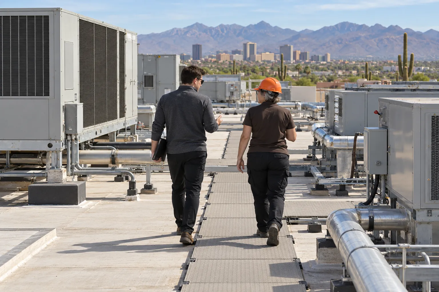 Roofer and plant contact walking a walk pad between rooftop units on an industrial roof