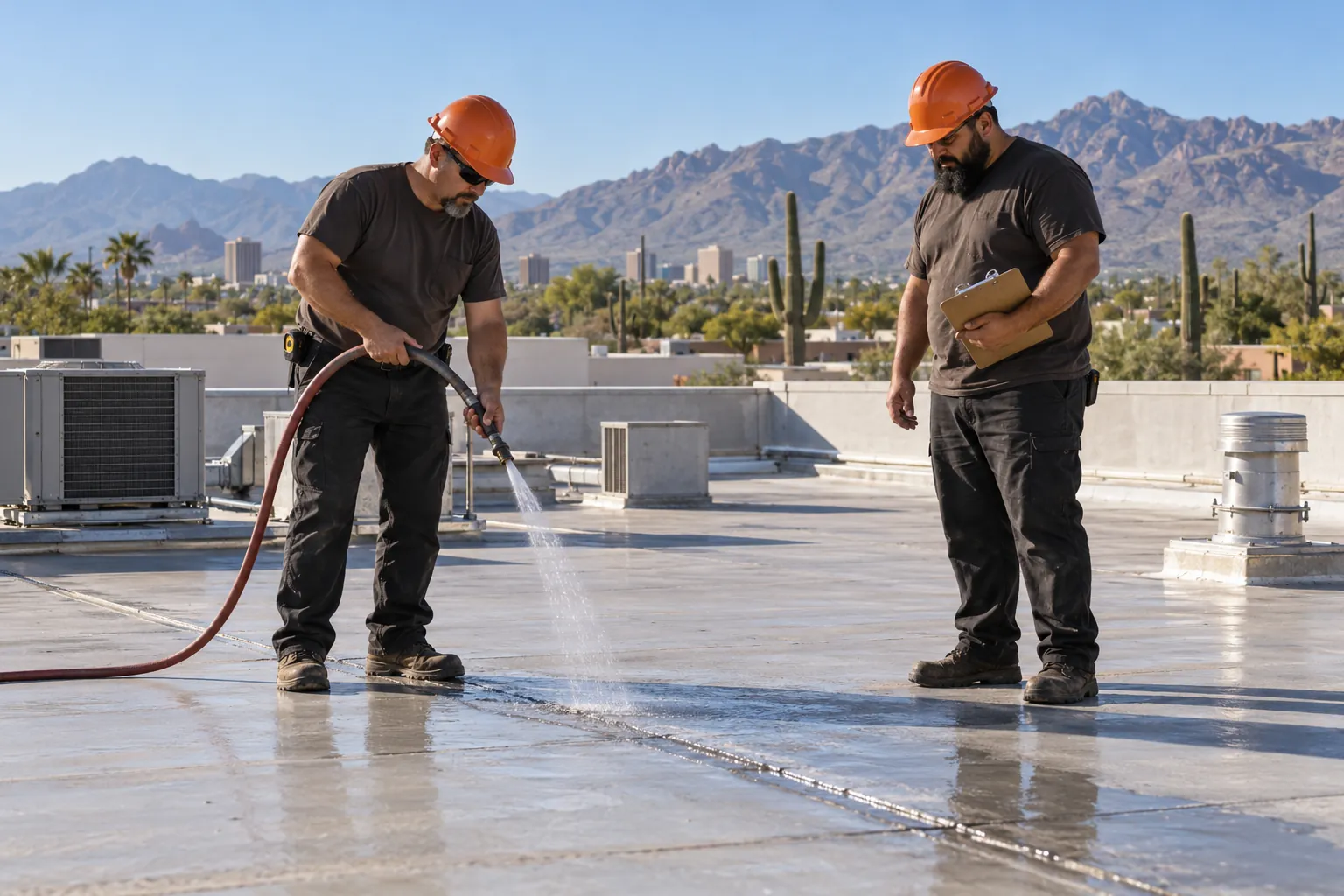 Roofer water-testing a section of a white commercial roof while a coworker records results