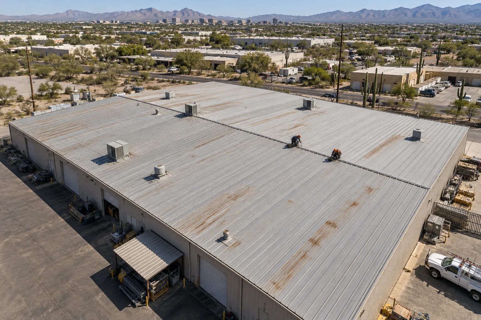 Aging metal warehouse roof with rust along the panel runs